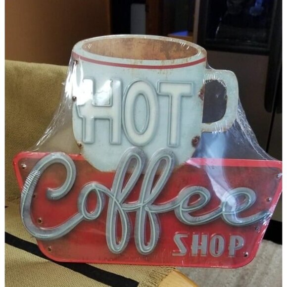 New Hot Coffee Shop Embossed Metal Sign - Vintage Diner Coffee Sign for Kitchen - Picture 2 of 2